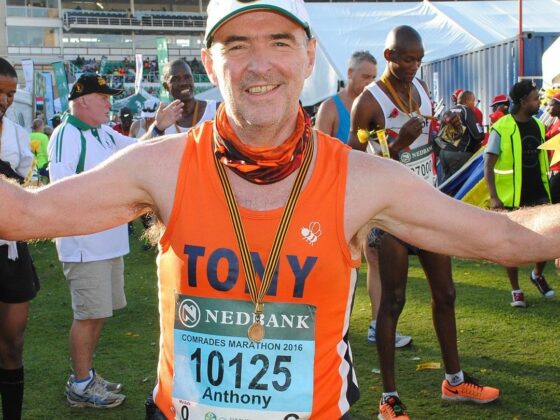 Tony running a marathon for Radiotherapy UK