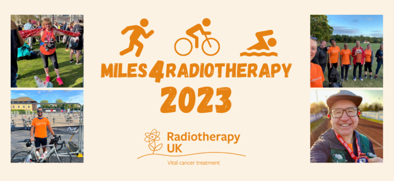 A #Miles4Radiotherapy banner shows people teaming up to cycle, run and walk for the summer challenge