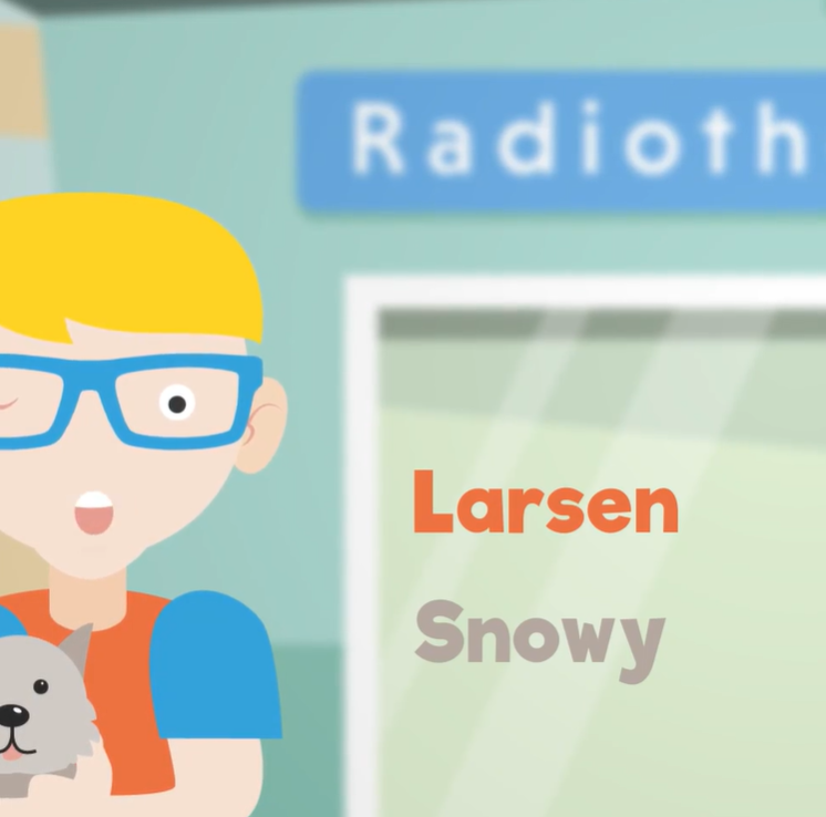An animation of Larsen and Snowy. Larsen has yellow hair, pale skin and blue glasses: Snowy is a grey stuffed tiger toy with a sweet face