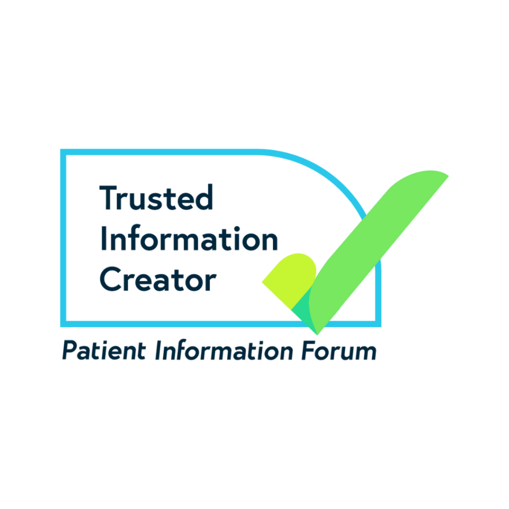 PIF TICK logo with the words Trusted Information Creator and Patient Information Forum. There is a blue rectangular border with a big green tick