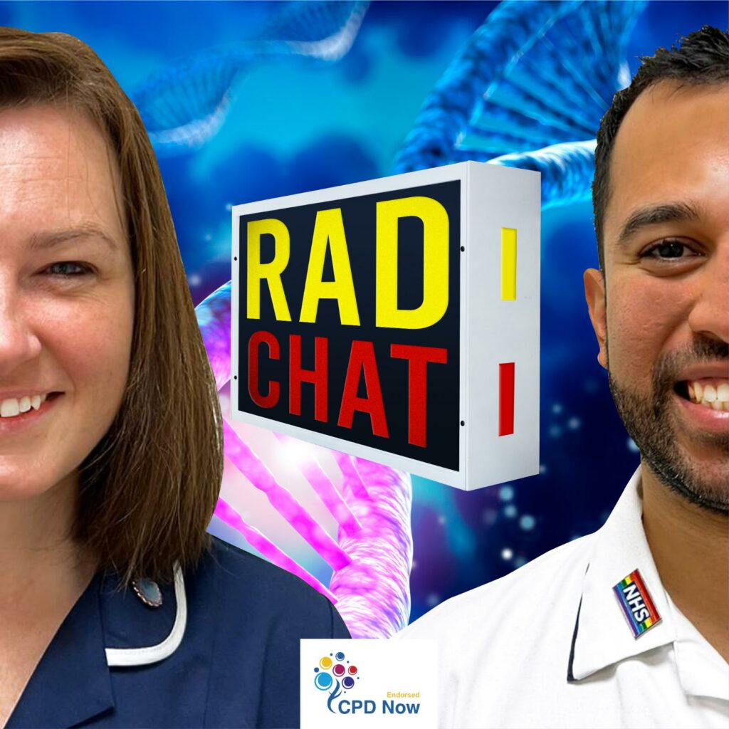 Rad Chat logo with headshots of Jo and Naman. The rad chat sign is yellow, red and black.