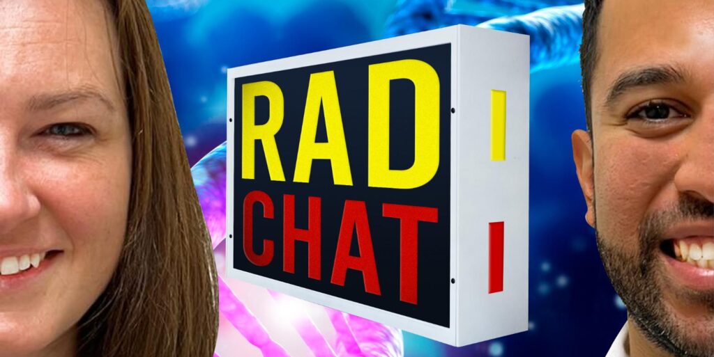 Rad Chat logo with headshots of Jo and Naman. The rad chat sign is yellow, red and black.