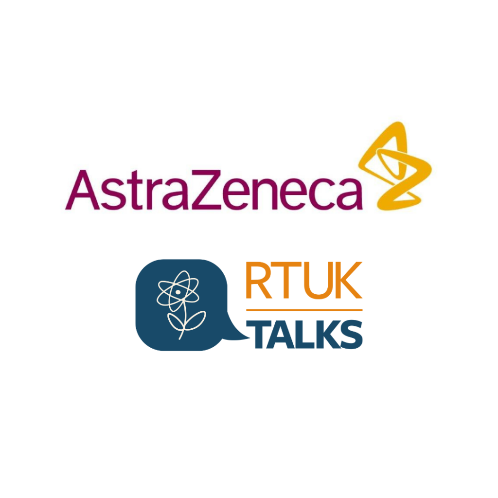 Purple and orange AstraZeneca logo with blue and orange RTUK Talks logo