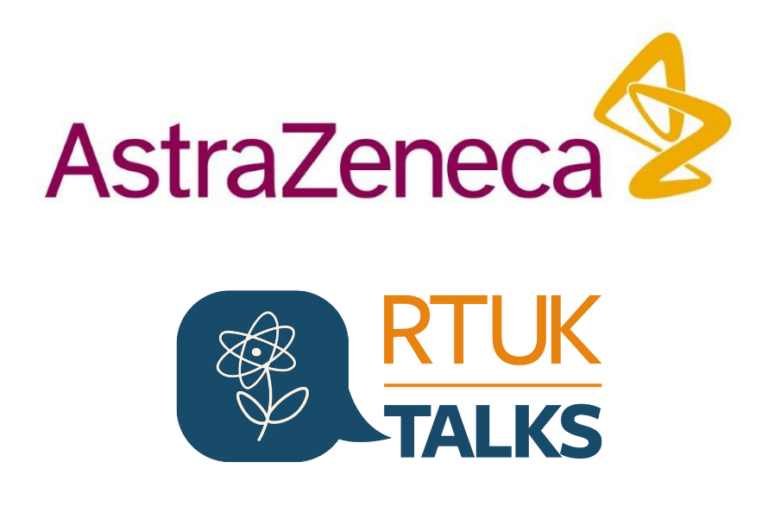 Purple and orange AstraZeneca logo with blue and orange RTUK Talks logo
