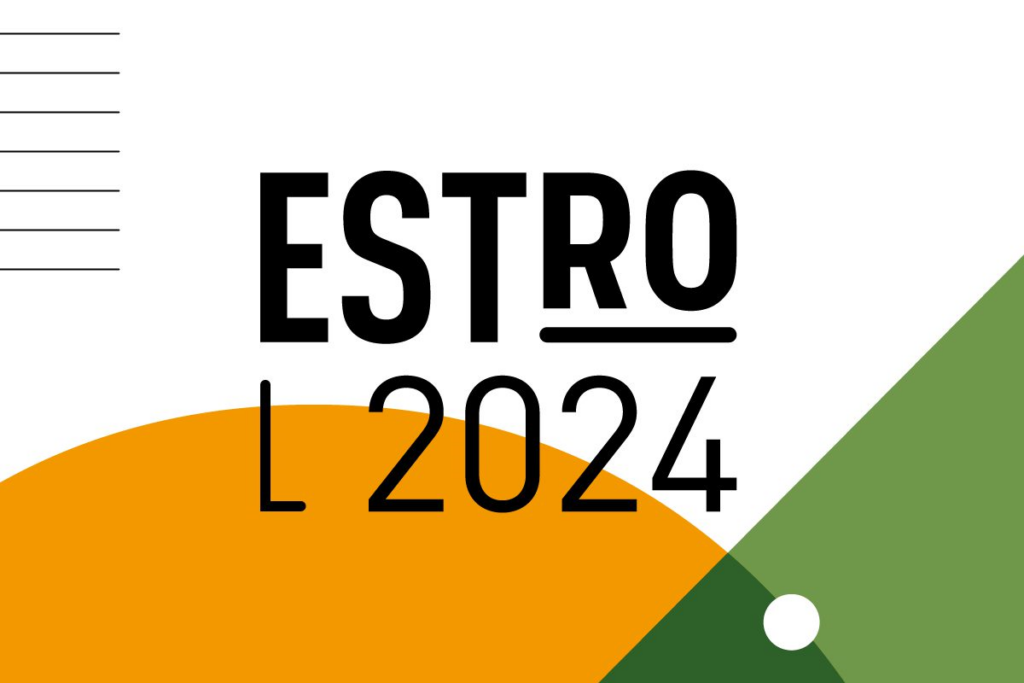 ESTRO 2024 logo - orange, green background and bold black writing
