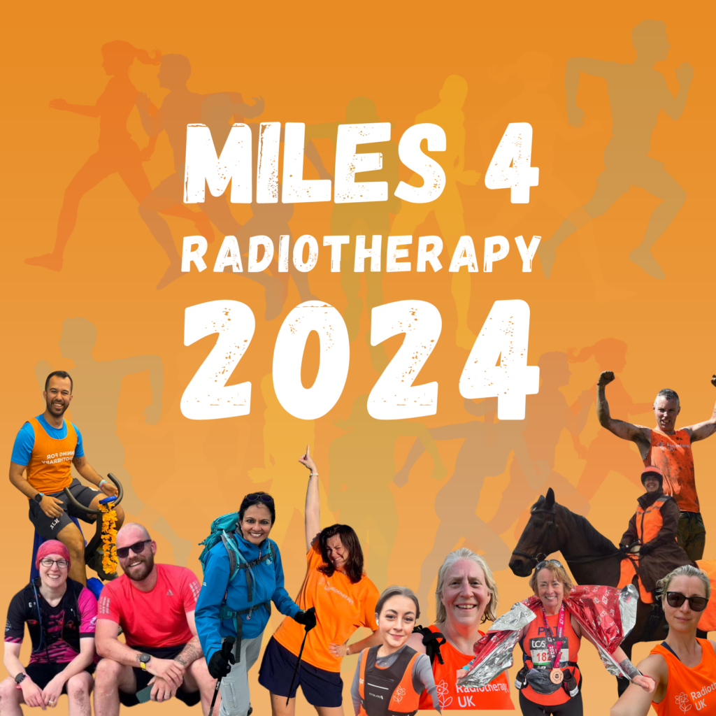 Miles4Radiotherapy logo in white and orange, surrounded by pics of people doing sports and having fun