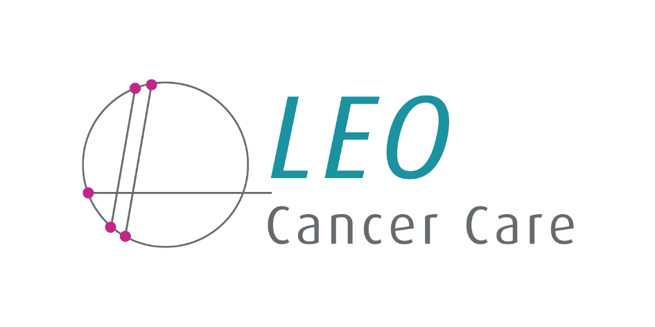 leo cancer care logo in grey and green with a circle intersected with three lines