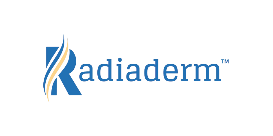 radiaderm logo in blue with a large R and a cream strip through it