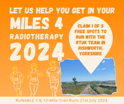 Picture of a West Yorkshire country view surrounded by the orange and cream #Miles4Radiotherapy logo which has a fun, bubbly look