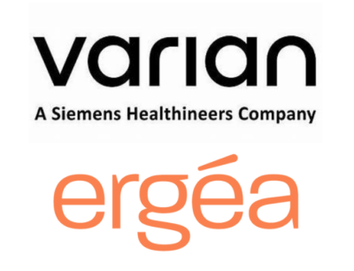 Varian logo in black, and ergea logo in orange below