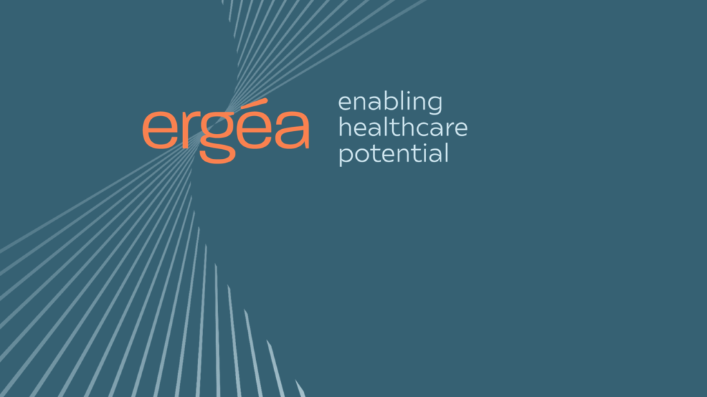 Ergea logo - orange writing on a mid blue background with a turning line graphic in the background