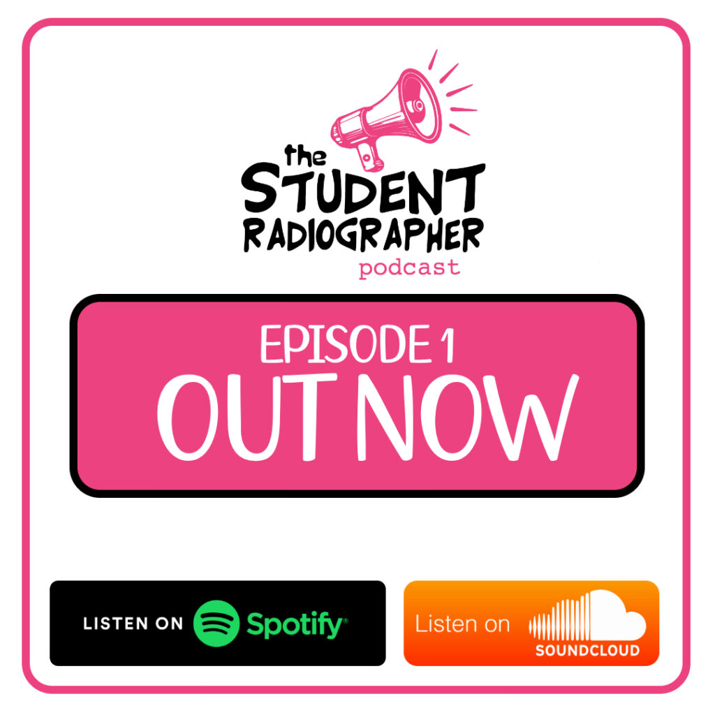 The Student Radiographer podcast logo in pink and black, with a megaphone icon.