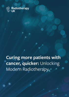 Cover of the Productivity Report: dark blue with a beam pattern and the title: Curing More Patients with cancer, quicker: Unlocking modern radiotherapy