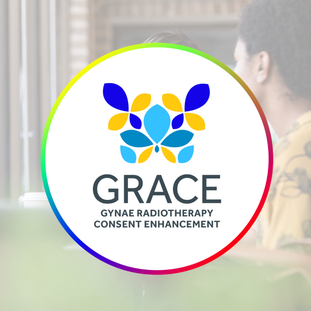 GRACE project logo. Rainbow circle with a graphic / abstract representation in blue and gold