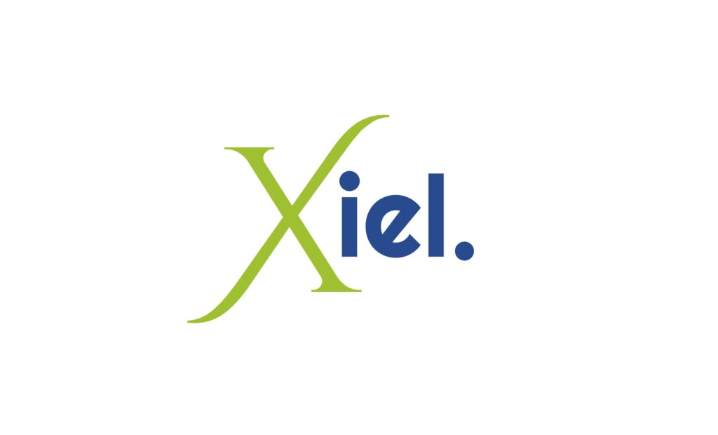Xiel logo in green and blue. The Xiel has long swooping curves.